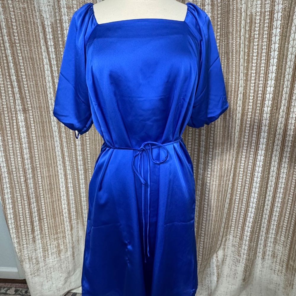Ann Taylor Royal Blue Satin Dress | Size 6 | Puff Sleeve Tie Waist Midi Dress - Picture 8 of 10